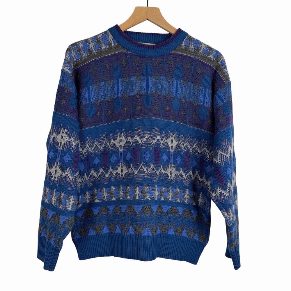 Vintage 90s Saturdays Sweater Men’s M Blue Purple 3D Knit Abstract Cosby Style